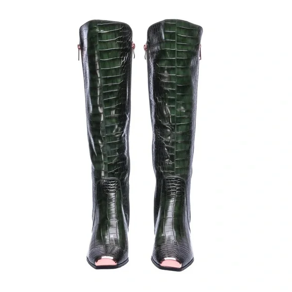 Green Tall Crocodile High Heel Boots - Picture 2 of 5